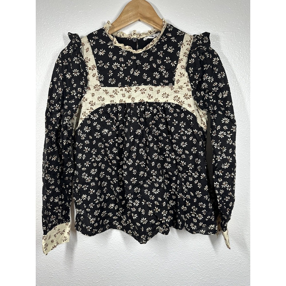 In Loom Blouse Womens Small Black Floral Cottagecore Long Sleeve Ruffle Top - Picture 6 of 6